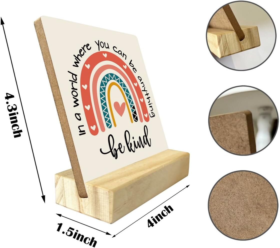 Primitive Wooden Sign - 'In A World Where You Can Be Anything Be Kind' - Desk Plaque with Stand - 4 x 4.3 inches - Rainbow Color - Farmhouse & Bedroom Decor