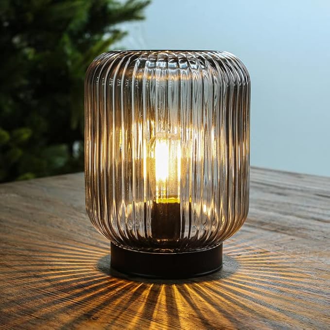 Battery Operated Lamp, Cordless Table Lamps Battery Powered Bedside Small Lamp with LED Bulb, Decorative Glass Lamp for Bedroom Living Room Home Decor-Light Grey