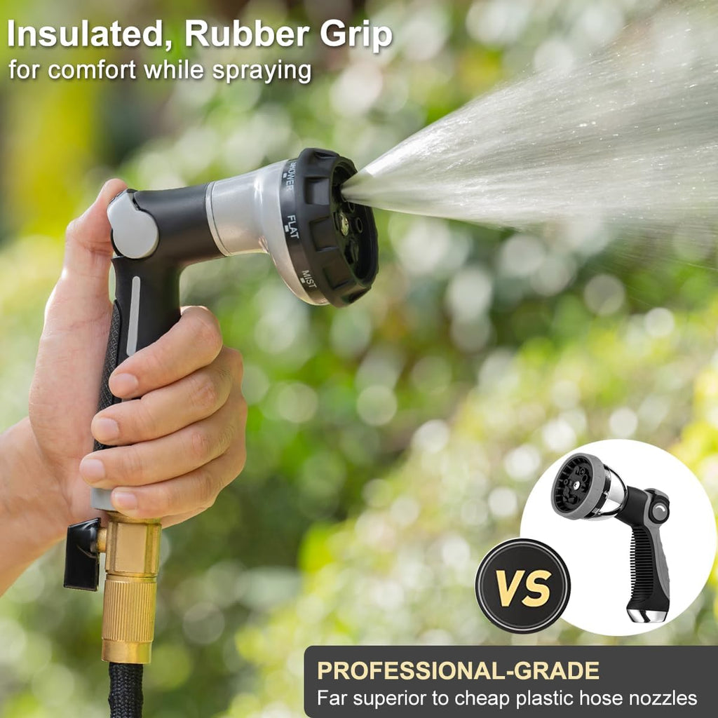 FANHAO Garden Hose Nozzle Heavy Duty, 100% Metal Water Hose Sprayer with 8 Spray Patterns, High Pressure Spray Nozzle Thumb Control On Off Valve for Lawn & Plant Watering, Car & Pet Washing - Silver