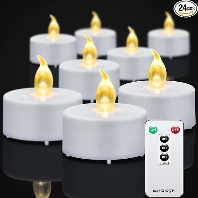 Tea Light Candles with Remote Control,24pack Flickering Flameless LED Candle,Long Lasting 400+Hours,Battery Operated with Timer for Home Decoration Seasonal &Festival Celebration WarmYellow