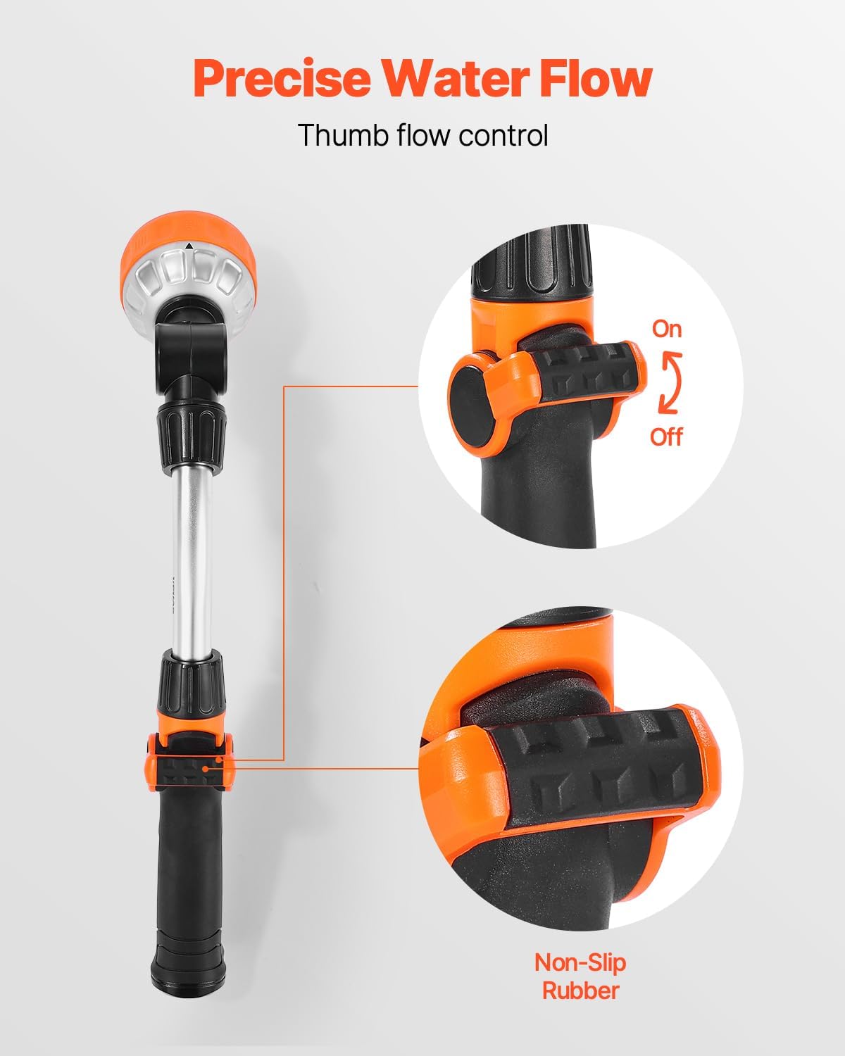 VEVOR Watering Wand, 15-Inch Robust Yard Hose Stick with 8 Spraying Modes & 180° Pivoting Head, Extended Hose Spray Apparatus with Thumb Operated On/Off