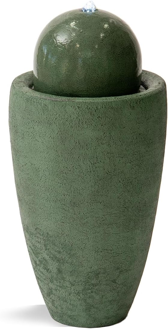 XBrand 25.98" H Round Stone Indoor/Outdoor Modern Stone Textured Sphere Water Fountain w/LED Lights, Green