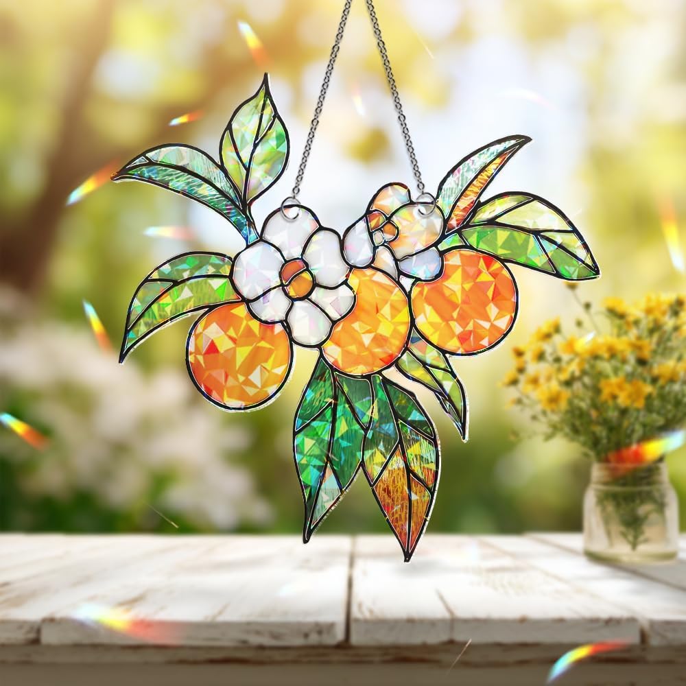 Personalized Orange Blossom Suncatcher – Stained Glass Citrus Window Hanging, Sun Catchers Indoor Window Decor for Kitchen or Garden Gift, Plant Gifts for Women, Grandma, Mother's Day, Christmas