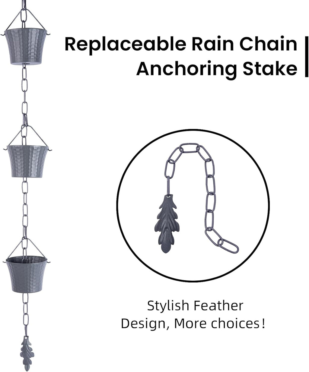 Rain Chain for Gutters with Adapter,Wrought Iron Rain Chains Set 8.5 Ft,Not Rust, Gotta Drain with Sturdy Anchoring Stake, 14 Cups, 1 Hook, Adjustable Gutter Downspout for Outdoor(Blue Gery)