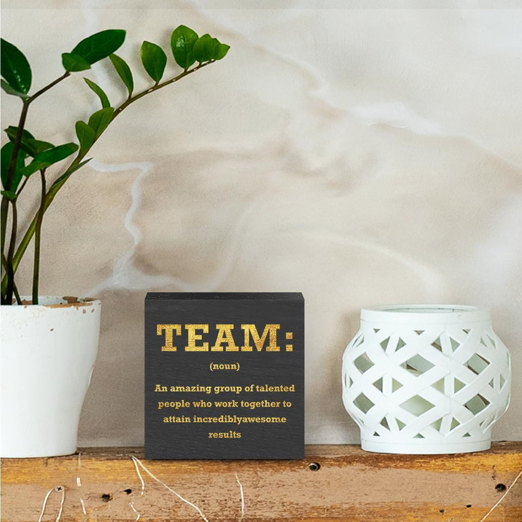 Motivational Team Noun Office Decor Wooden Box Sign, Office Desk Decor Cubicle Desk Accessories, Office Decorations for Work, Coworker Gifts Table Shelf Plaque Sign, Inspirational Wall Decor, Black