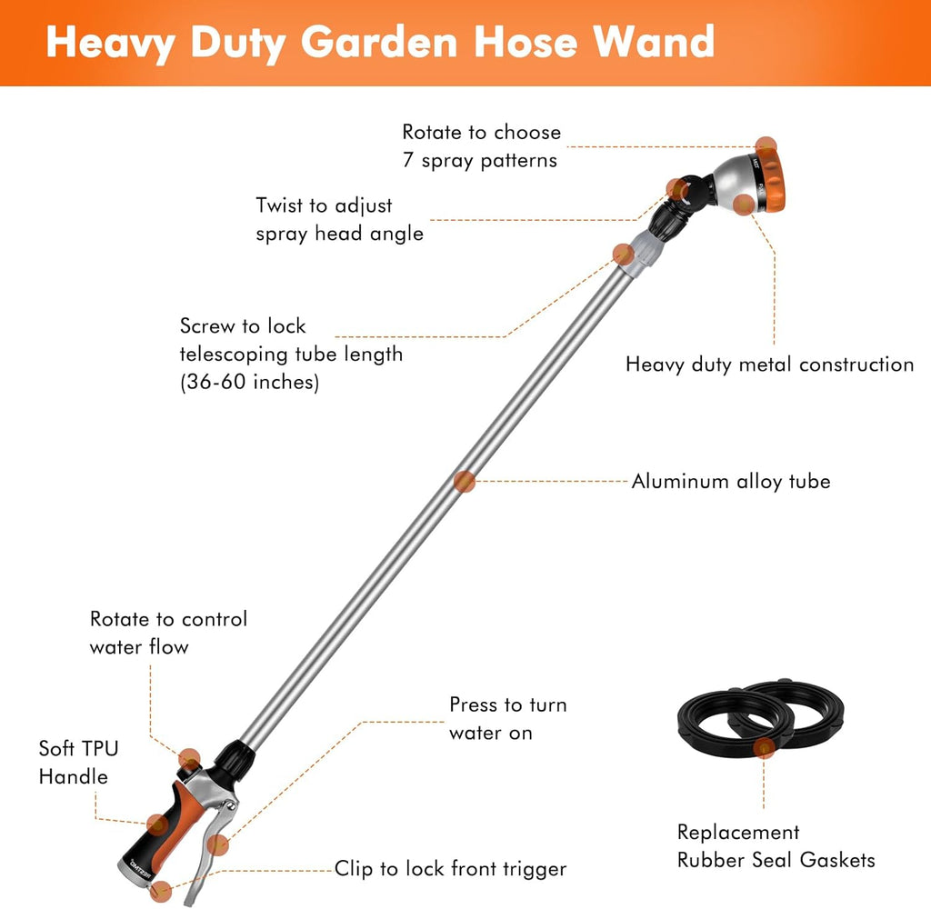 RESTMO Metal Watering Wand, 36”-60” Long Telescopic Tube | 180° Adjustable Ratcheting Head | 7 Spray Patterns | Flow Control, Perfect Garden Hose Sprayer to Water Hanging Baskets, Shrubs, Orange