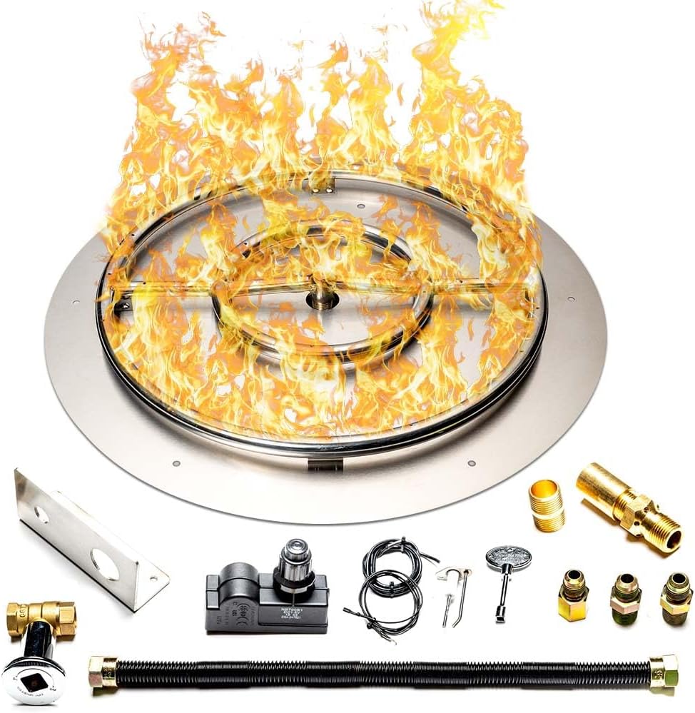 Stainless Steel Fire Pit Burner Pan & Ring Standard Kit with Spark Ignition for Liquid Propane, 30-Inch Pan, 24-Inch Ring, 150,000 BTU Max