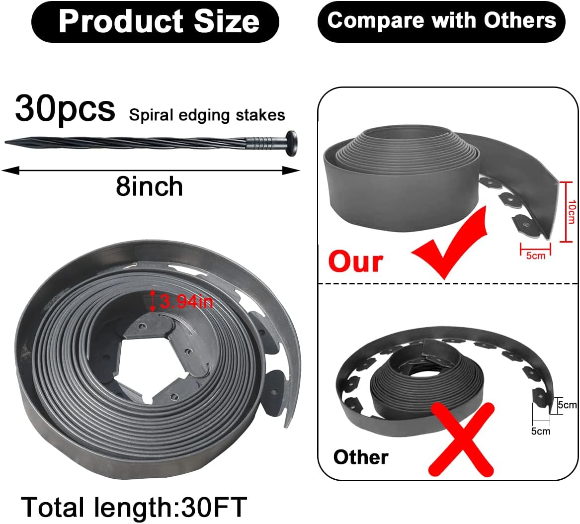 Landscape Edging 33ft,Garden Borders Edging [Extra Tall 4IN ] with 30pcs Spikes,Lawn Edging Kit Flexible Mini Plastic Fence for Grass Yard Flower Bed -Grey