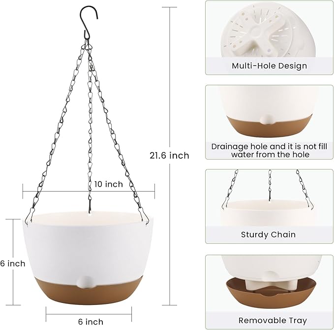 10 Inch Hanging Planter, 2 Pack Hanging Plastic Plant Self Watering Pot with Drainage Holes and Saucers, Hanging Baskets Flower Pots for Indoor Outdoor Garden Plants and Flowers-White
