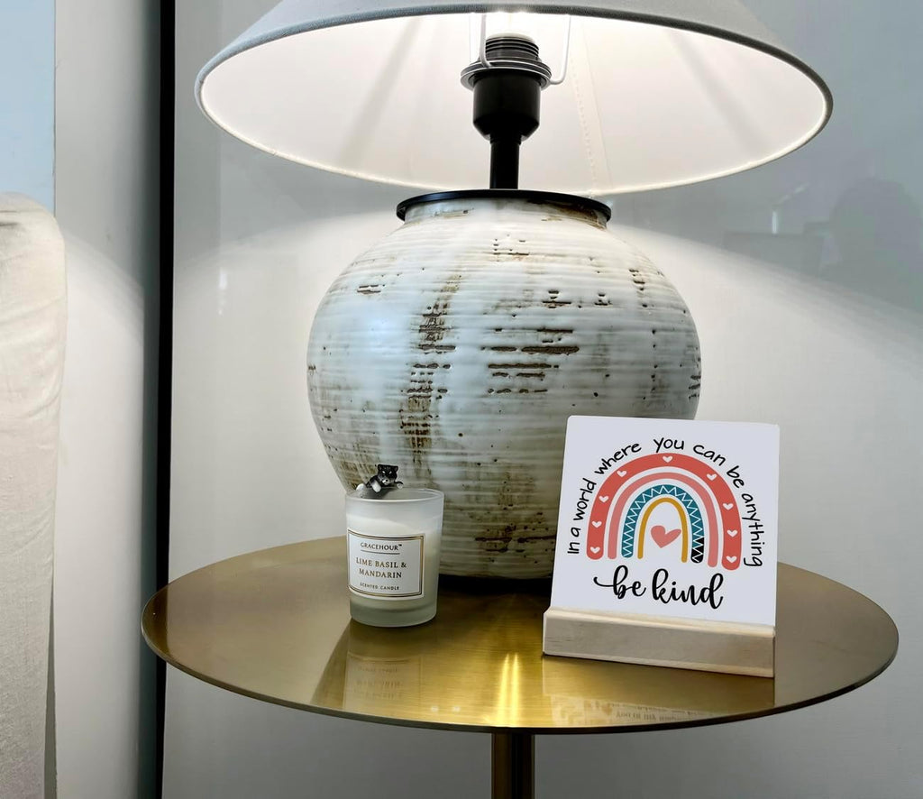 Primitive Wooden Sign - 'In A World Where You Can Be Anything Be Kind' - Desk Plaque with Stand - 4 x 4.3 inches - Rainbow Color - Farmhouse & Bedroom Decor