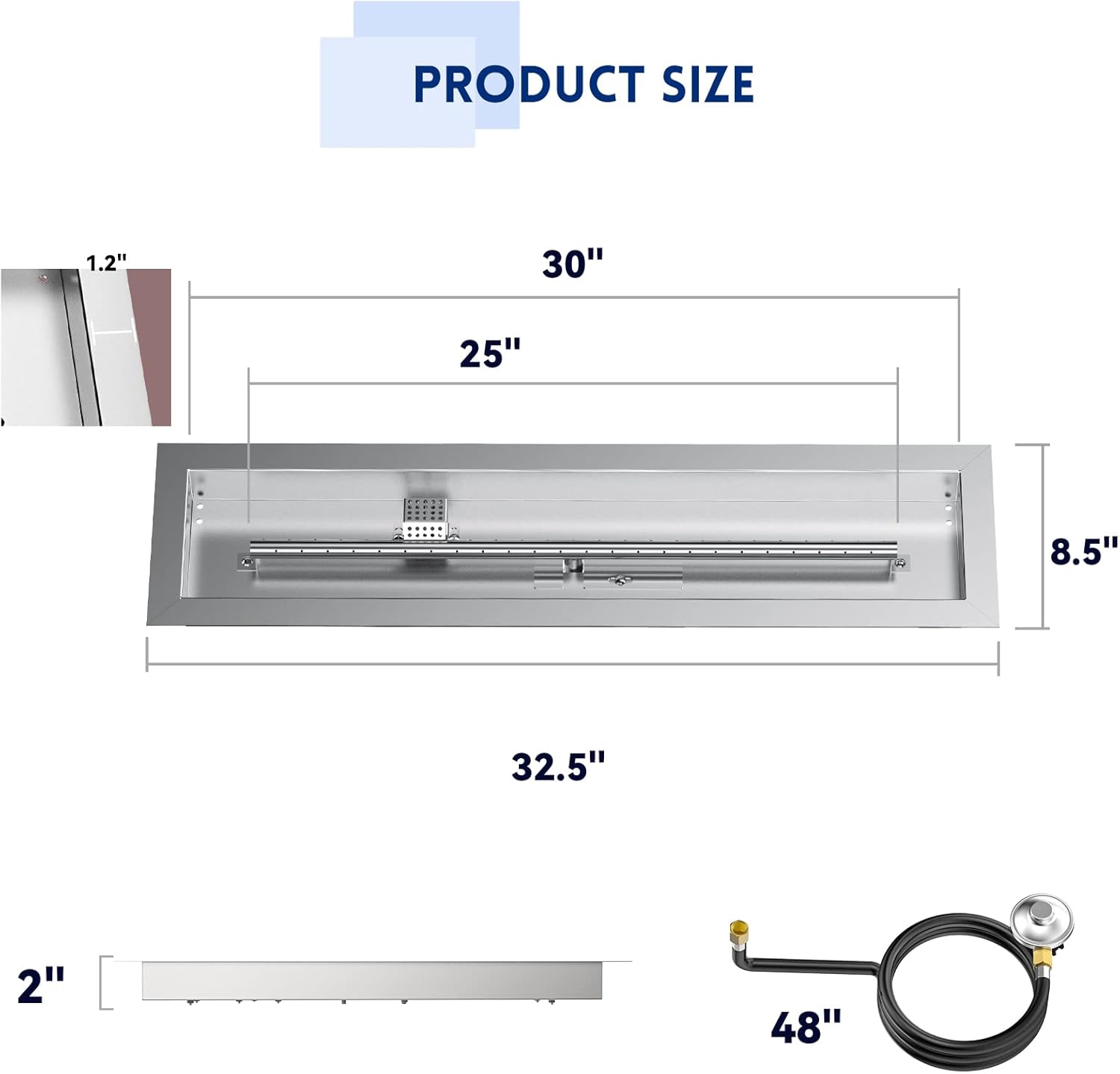 Skyflame 30" Linear Stainless Steel Fire Pit Drop-in Burner Kit with Flame Sensing, Electronic Spark Ignition, CSA Certified, and Propane Regulator Hose Set