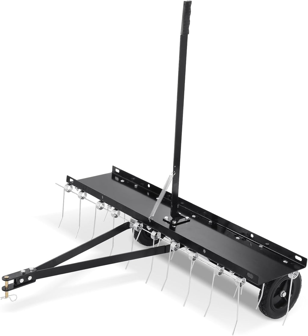 VEVOR Tow Behind Dethatcher, 40-inch Tow Dethatcher with 20 Spring Steel Tines, Lawn Dethatcher Rake for ATV or Mower, Tow Behind Lawn Rake with Lift Handle for Garden Farm Grass