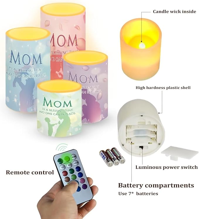 Mother's Day Colorful Flameless Candles Battery Powered with Multicolor Timer Remote Control Everlasting Fake Candles for Party Garden Indoor Outdoor Mother's Day Party Decor for Mom