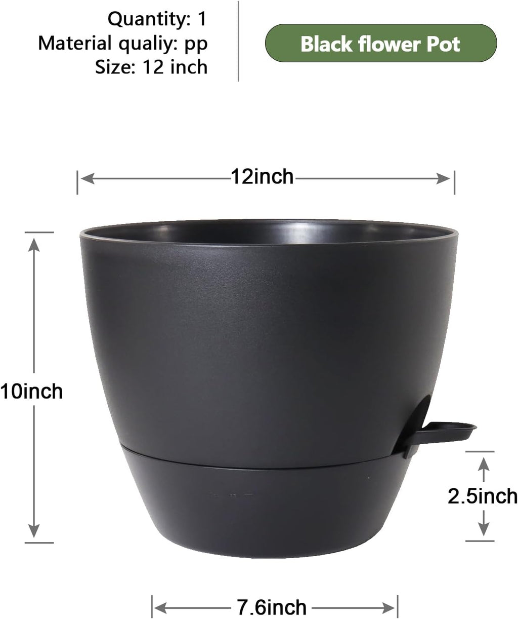 12 inch Large Self Watering Pots, Flower Plant Pots with Multi Mesh Drainage Holes for Indoor Outdoor Garden Plants and Flowers, Plastic Planters with Removable Deep Reservoir, Black