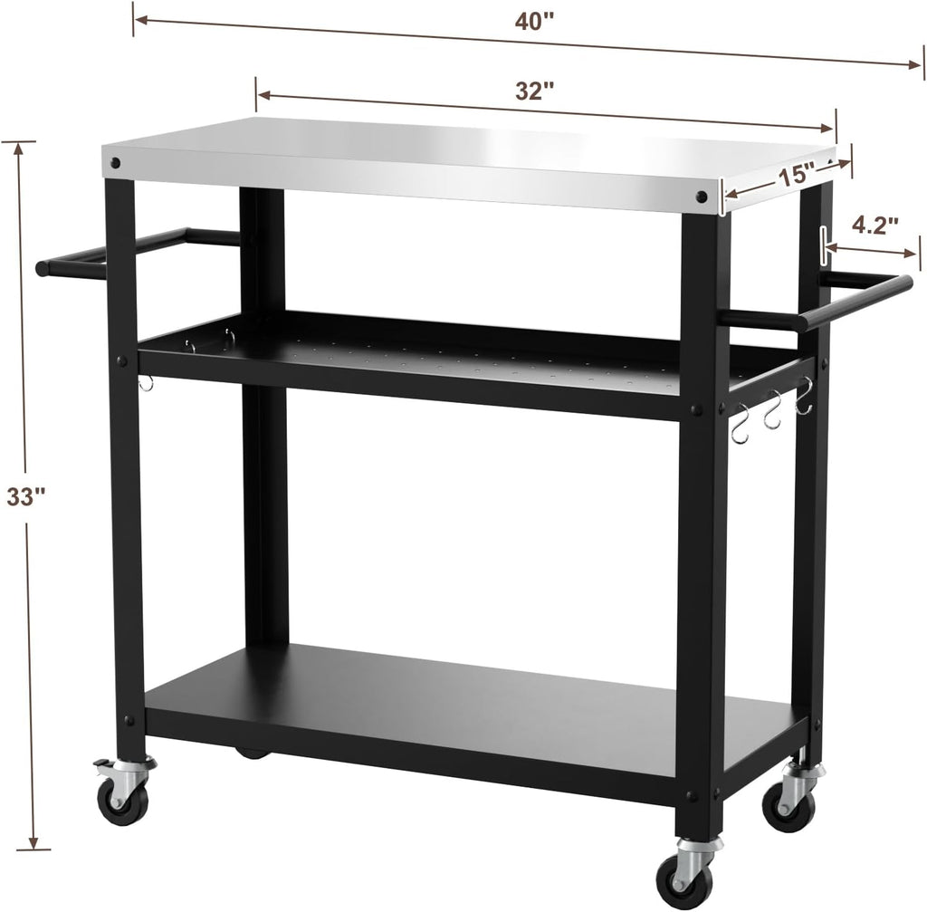 Outdoor Grill Cart with Three-Shelf, Stainless Steel Pizza Oven Table for Outside, Dining Kitchen Cart with Two Side Handle, Garden Patio BBQ Kitchen Food Prep Table Cart (Black)