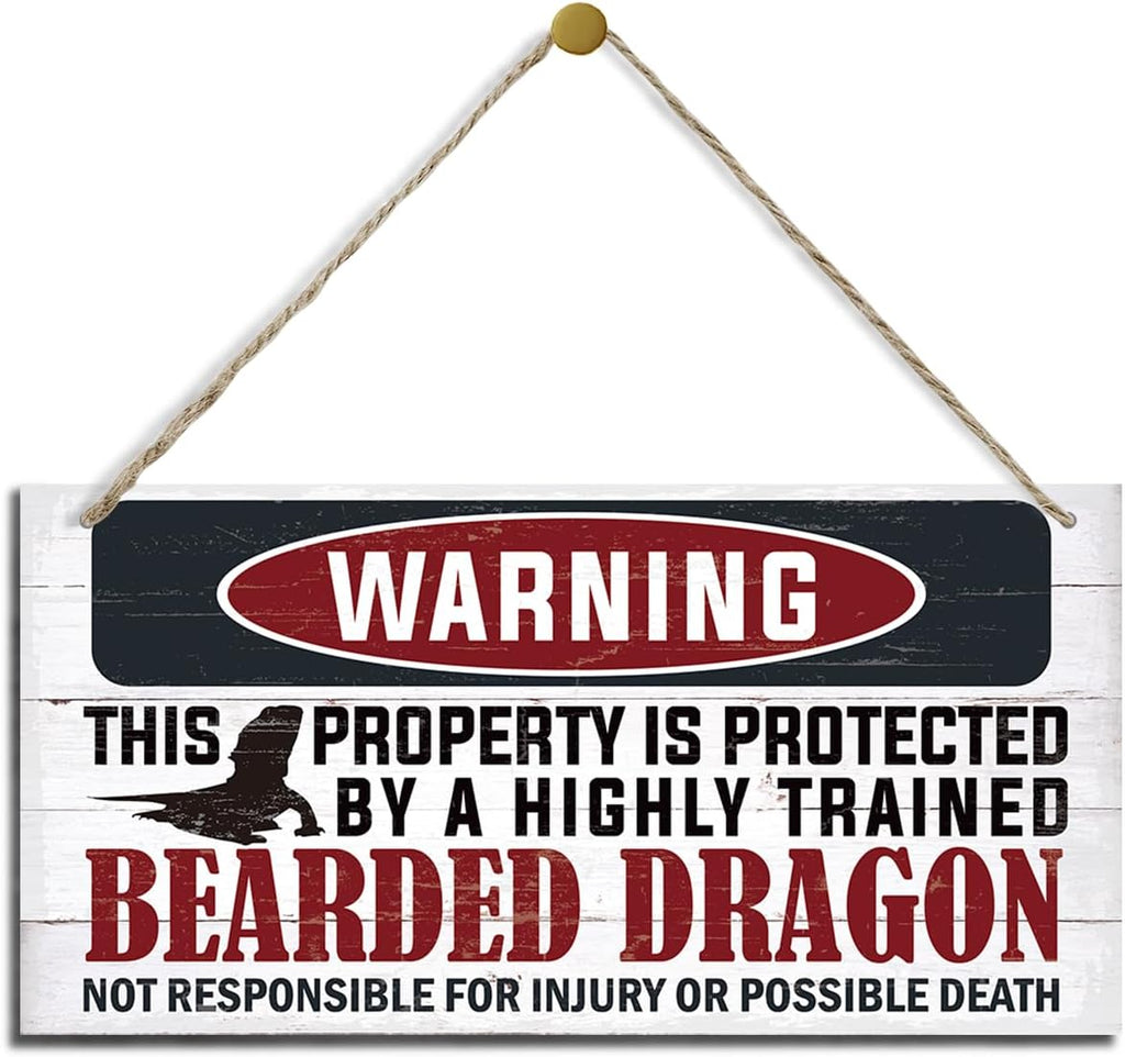 Funny Warning Signs, The Property is Protected By Highly Trained Bearded Dragon Sign, Decorative Wood Hanging Wood Plaque, Warning Wood Sign for Indoor Outdoor Use, Door Gate Hanger, House Decor