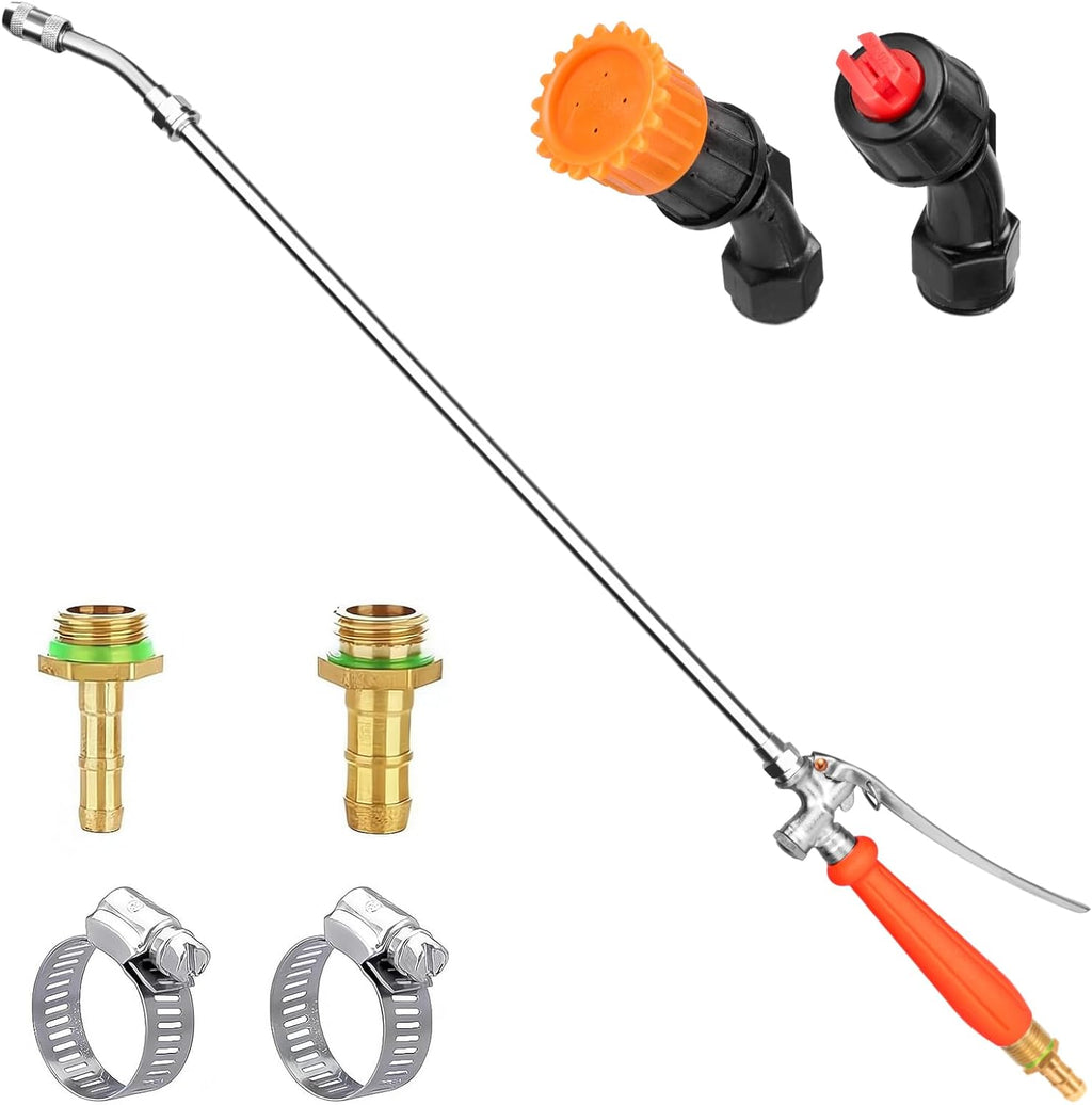 All Metal Sprayer Wand with 3 Types of Nozzles, Fan Nozzle Replacement Sprayer Wand, Stainless Steel Sprayer Wand with 1/4" & 3/8" Brass Barb and 2 Hose Clamps (3 Nozzles 29 Inches Sprayer Wand)