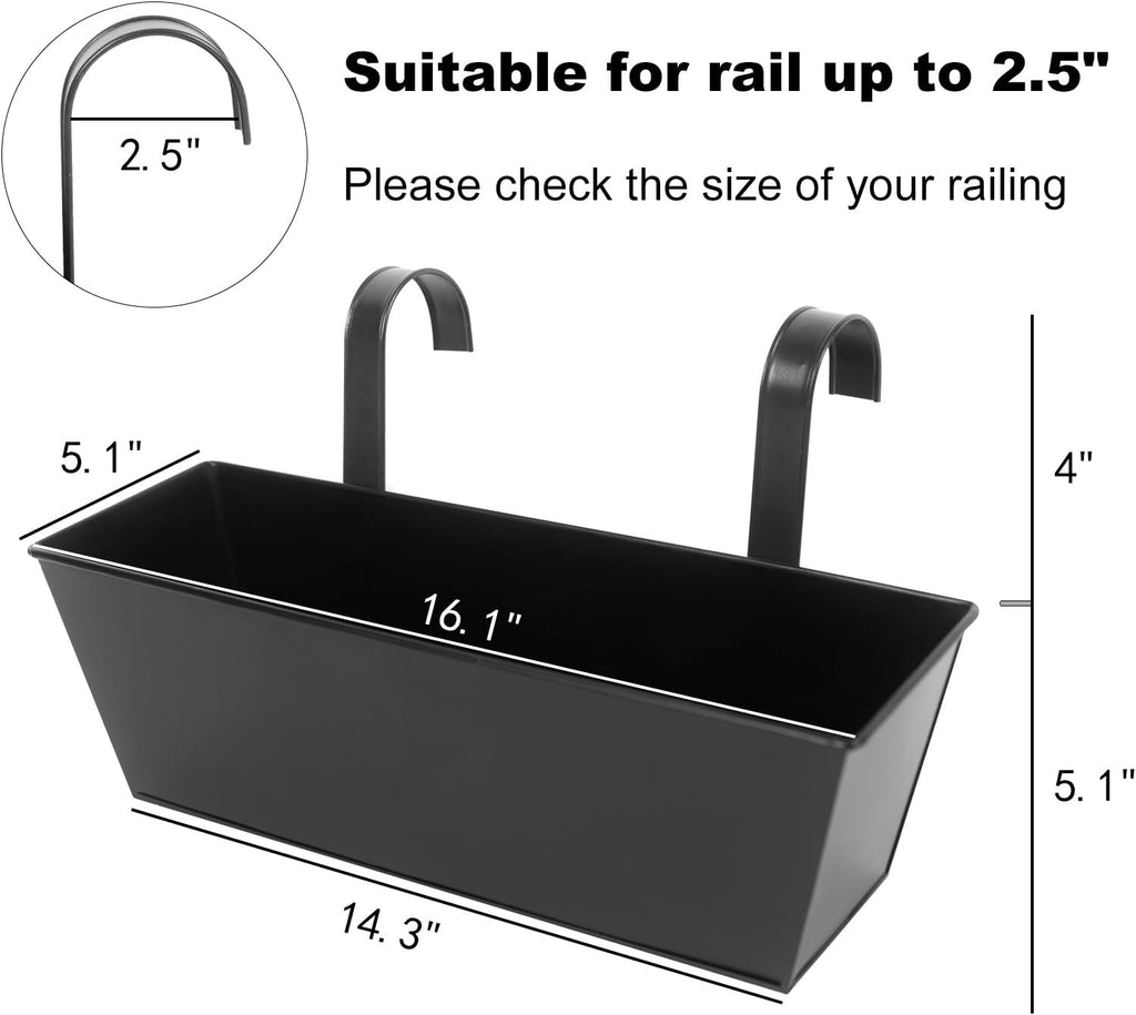 Railing Planters Outdoor Balcony 16 Inch Deck Over The Railing Planter Boxes Hanging Planters for Fence Flower 3 Pcs (Black)