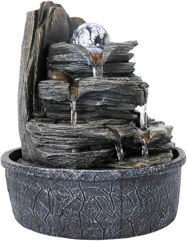 Rockery Indoor Water Fountain, Zen Meditation Tabletop Fountain with LED Lights & Crystal Ball for Home Office Bedroom 9 4/5"