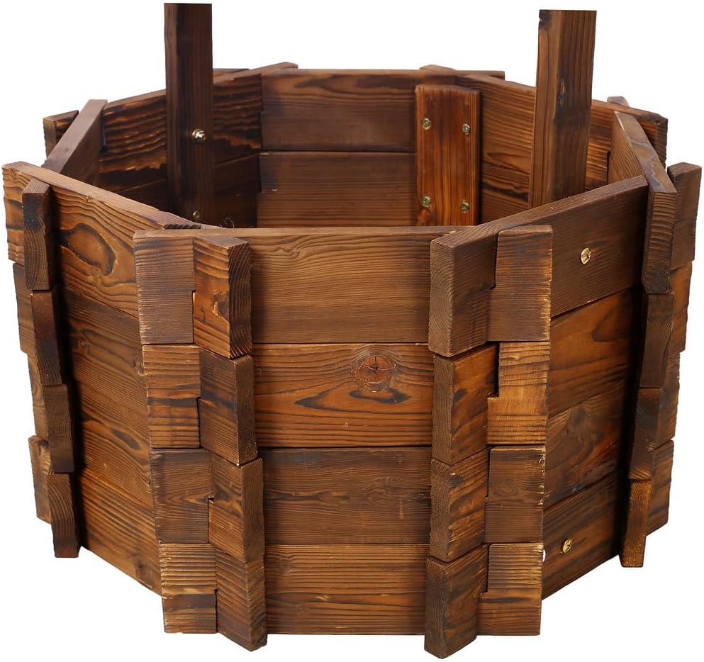Wooden Wishing Well Planter for Outside with Hanging Bucket & 4 Reinforced Rods, Rustic Garden Yard Patio Decor, Extra-Large 25" x 25" x 53" Well Cover, Deep Carbonized Fir, Brown