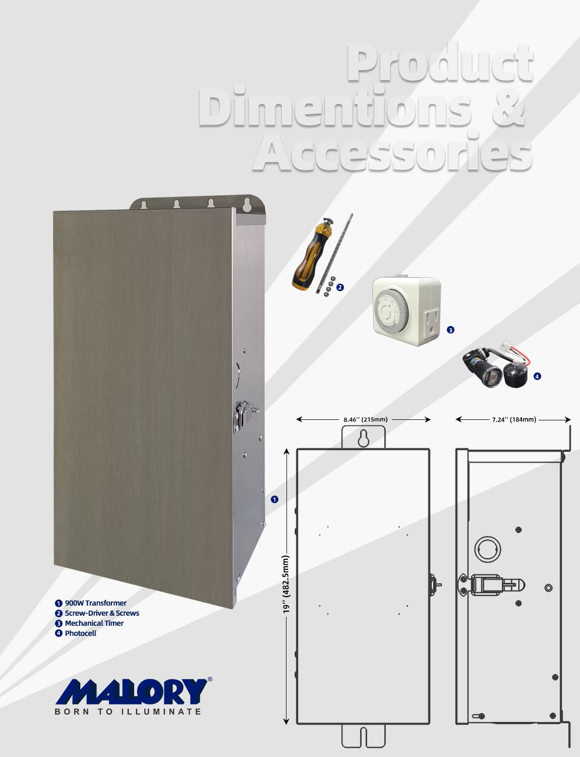 MALORY 900W Low Voltage Transformer with Timer & Photocell for Landscape Lighting,(19''H) 120V AC to 12/13/14/15/16/17/18/22V Multi-Tap Power Supply for Outdoor Landscape Lights,Yard Garden Lights