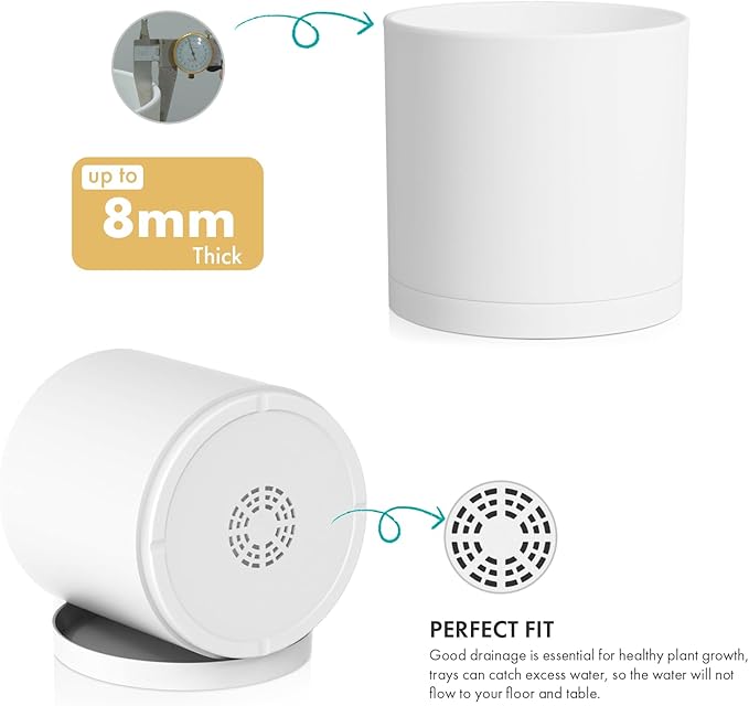 12 Inch Large Deep Flower Pots for Outdoor Indoor Plants, Cylinder Tall Plant Pots with Drainage Holes and Saucer, Big Decorative Plastic Planter Pots for Garden House Plants, White