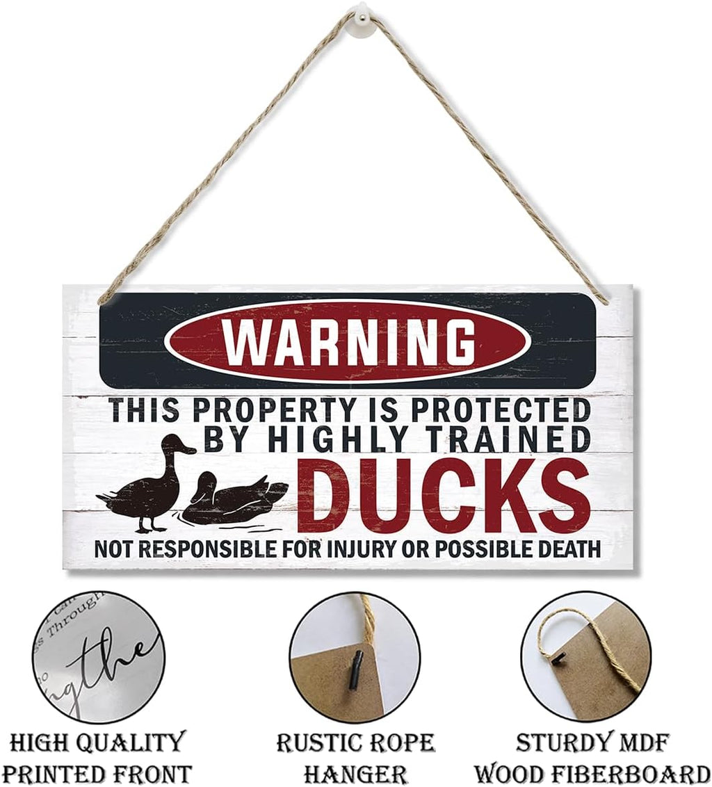 Funny Warning Signs, The Property is Protected By Highly Trained Ducks Sign, Decorative Wood Hanging Wood Plaque, Outdoor Warning Sign, Farm Yard Decor, Door Sign, Farmhouse Home Wall Decor