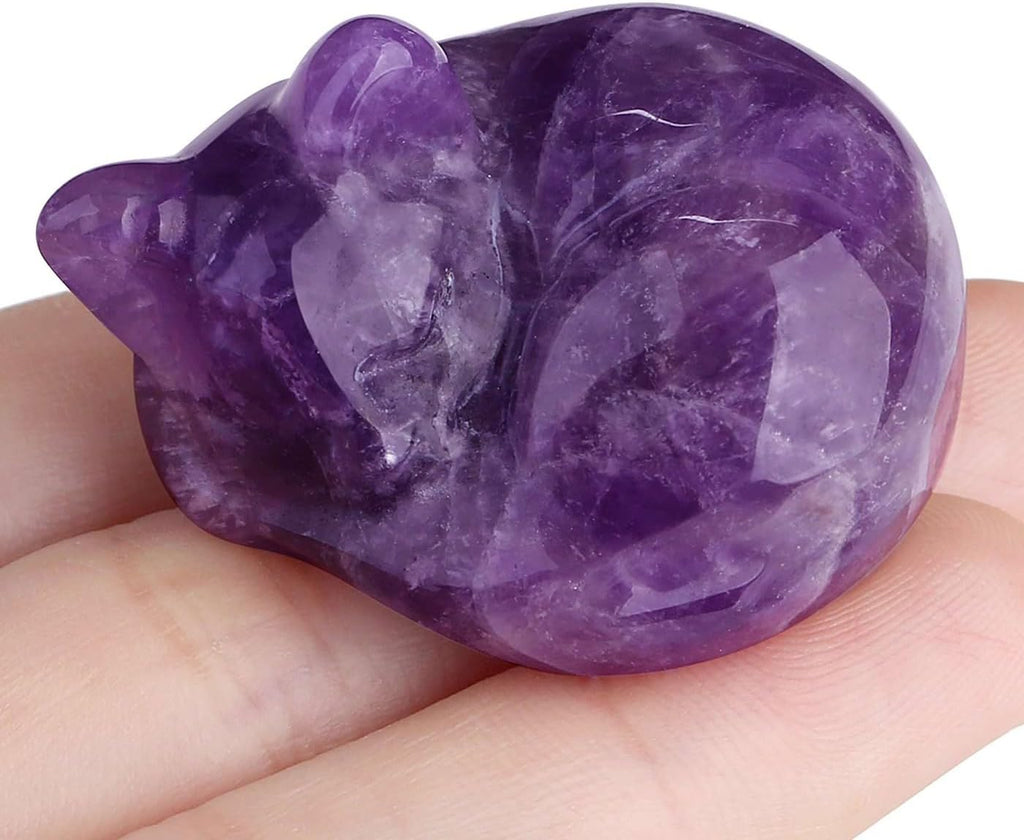 LAIDANLA Amethyst Cat Healing Crystals Figurine Sleeping Cat Hand Carved Cute Statue Polished Stone Sculpture Reiki Office Room Bedroom Desk Home Decoration Gifts 1.6"