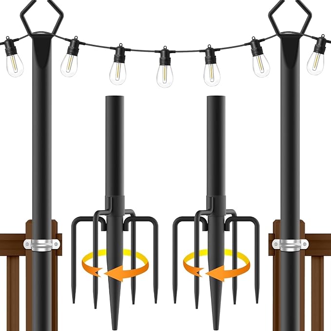 10Ft String Light Poles 2 Pack,Light Poles for Outside Lights,Outdoor with Fence Brackets Hanging Lights,Metal Stand Deck Patio Backyard