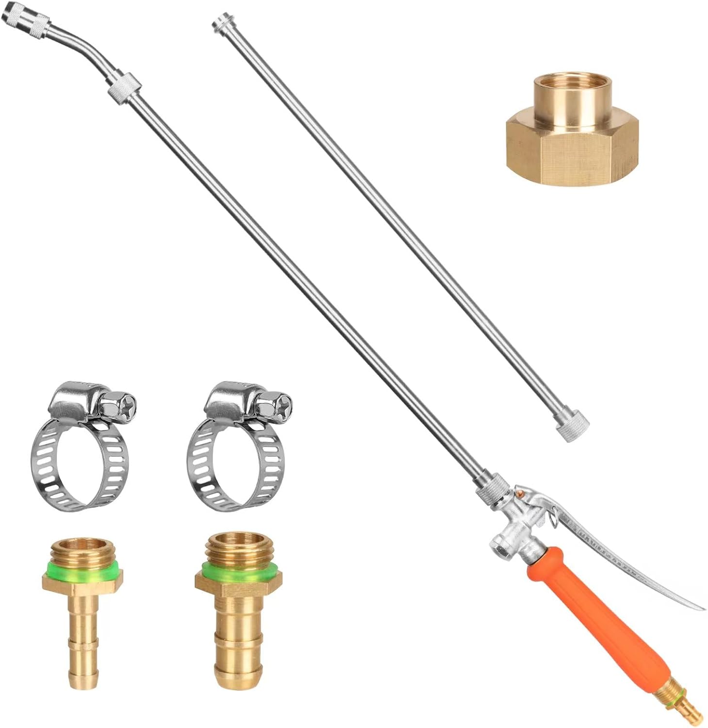 All Metal 44 Inches Replacement Sprayer Wand, Garden Hose Watering Wand with 3/4'' Brass Connector, 1/4" & 3/8" Brass Barb for Most Sprayer Hoses, Built-in Stainless Steel & 2 Hose Clamps