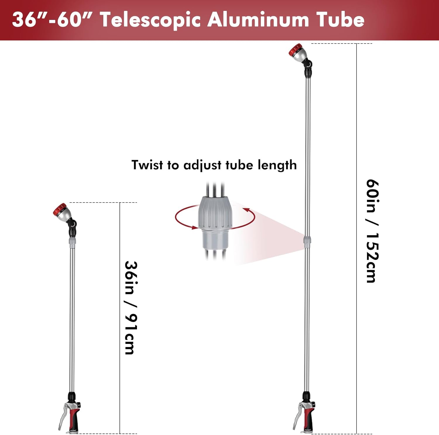 RESTMO Metal Watering Wand, 36”-60” Long Telescopic Tube | 180° Adjustable Ratcheting Head | 7 Spray Patterns | Flow Control, Perfect Garden Hose Sprayer to Water Hanging Baskets, Shrubs, Red