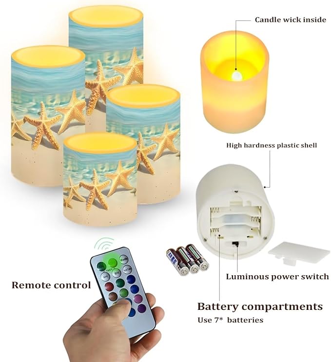 Flameless Candles Battery Powered LED Candle with Remote Timer Color Changing Control Set of 4 for Indoor Outdoor Beach Wedding Coastal Home Decorations, Beach Starfish Blue Sea