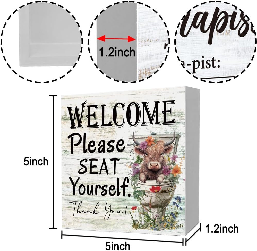 Funny Highland Cow Please Seat Yourself Bathroom Home Décor Sign Farmhouse Bathroom Signs Decor Rustic Wood Plaque Decor for Home Restroom Shelf