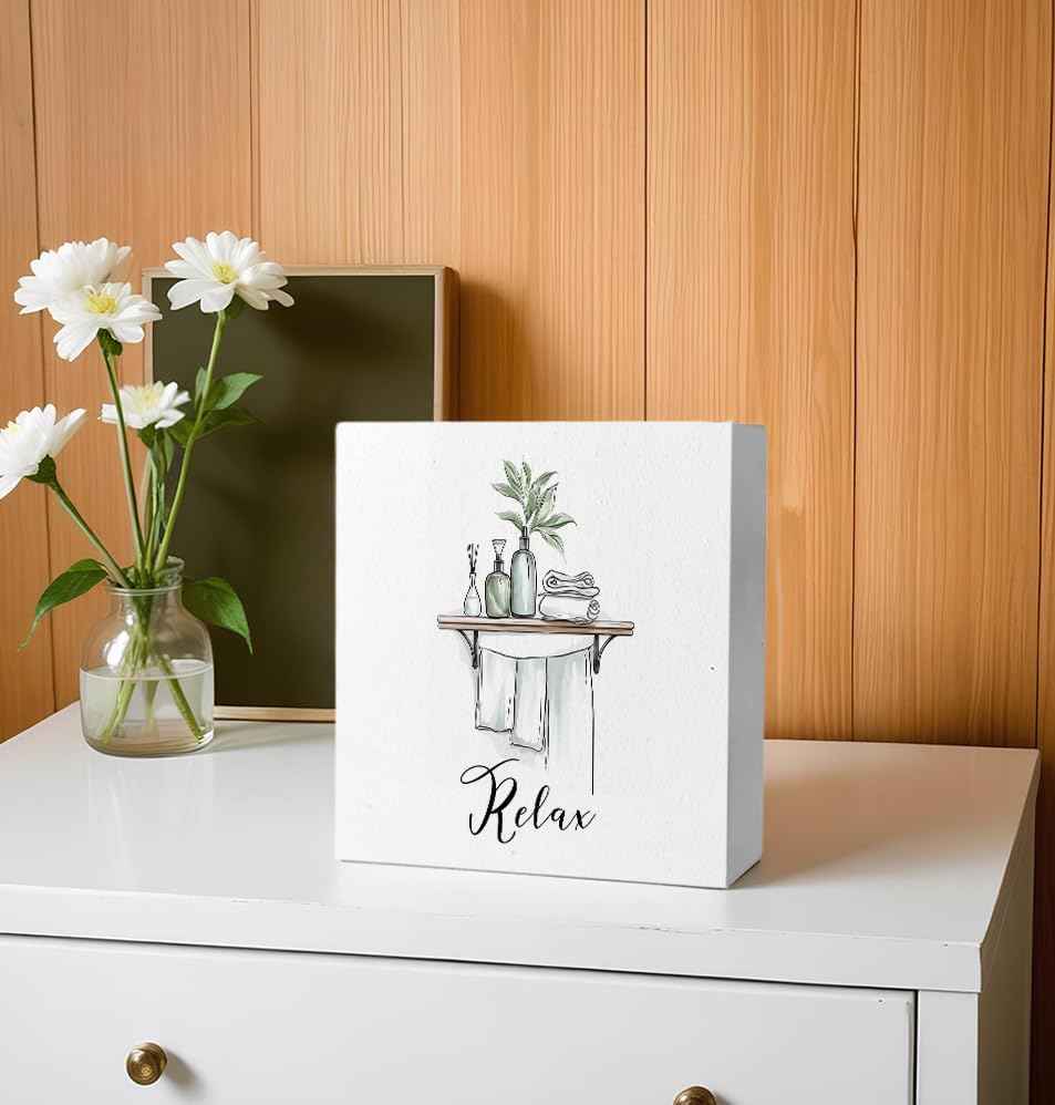 Relax Funny Bathroom Wooden Box Sign, Eucalyptus Botanical Wood Signs for Restroom Bathroom Toilet Half Bath Shelf Counter Decor, 5x5 Inch