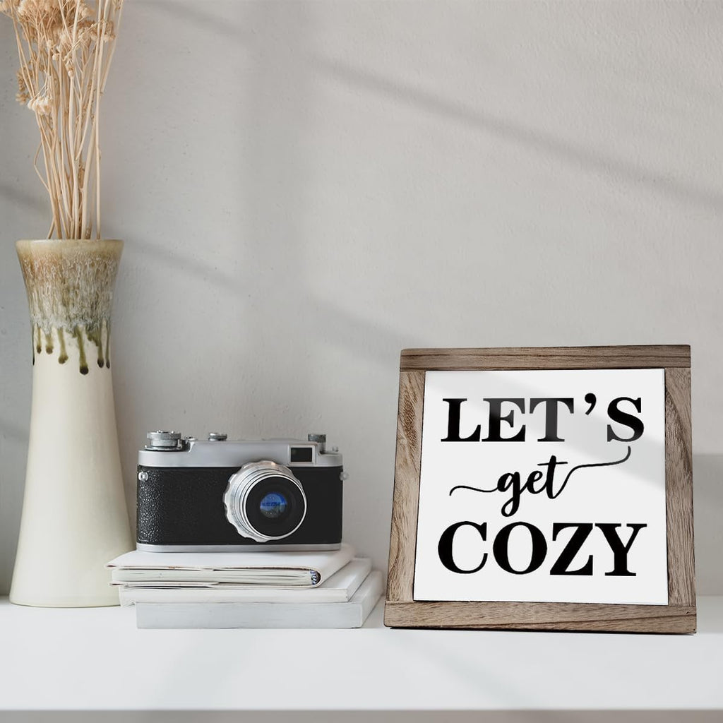 Cozy Bedroom Décor, Let's Get Cozy, Home Décor, Farmhouse Table Décor, Farmhouse Decor for Shelves, Home Decoration Sign for Shelf, Suitable for Placement on Living Room or Bedroom Shelves