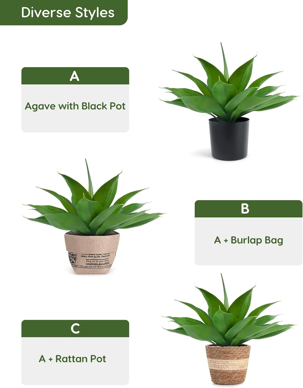 Velener Fake Agave with Black Pot, Artificial Plant Outdoor Agave - Fake Plants for Indoor and Outdoor Decor(15 Inch)