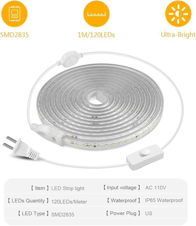 Outdoor LED Strip Lights Waterproof 6500K,98.4ft/30M IP65 High Density LED Tape Light,3600 LEDs/Reel Rope Lights for Home, Balcony, Roof, Backyard, Patio, Garden