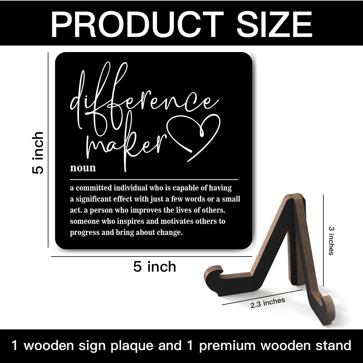 Wooden Table Sign Gift Difference Maker Definition Desk Decor Wood Plaque With Stand Unique Gift Ideas for Boss Women Best Mom Coworker Teacher Office(Black)-A03