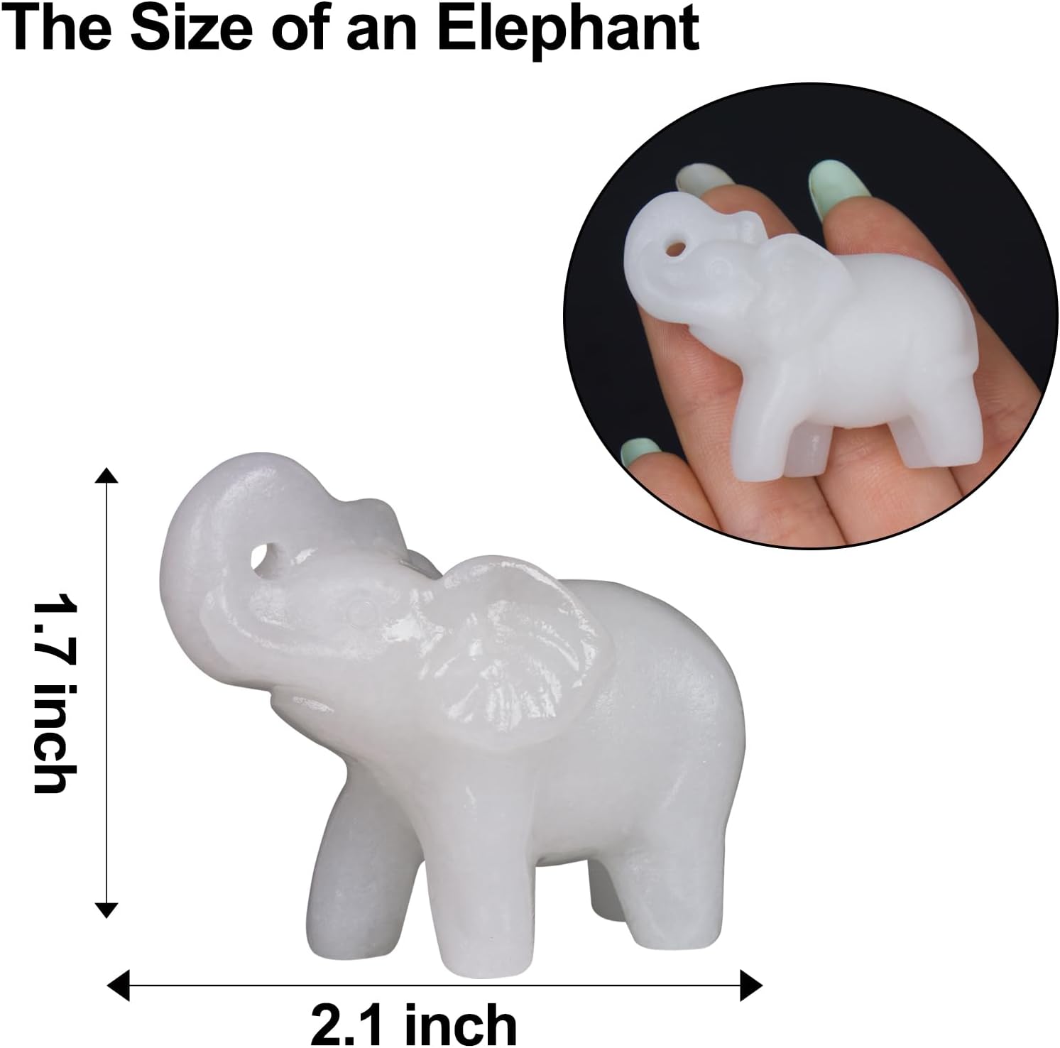 2 Inch White Jade Crystal Elephant Sculpture Handcrafted Healing Stone Animal Figurine Spiritual Home Decor Lucky Charm Gift for Wealth Success Positive Energy and Meditation Lovers