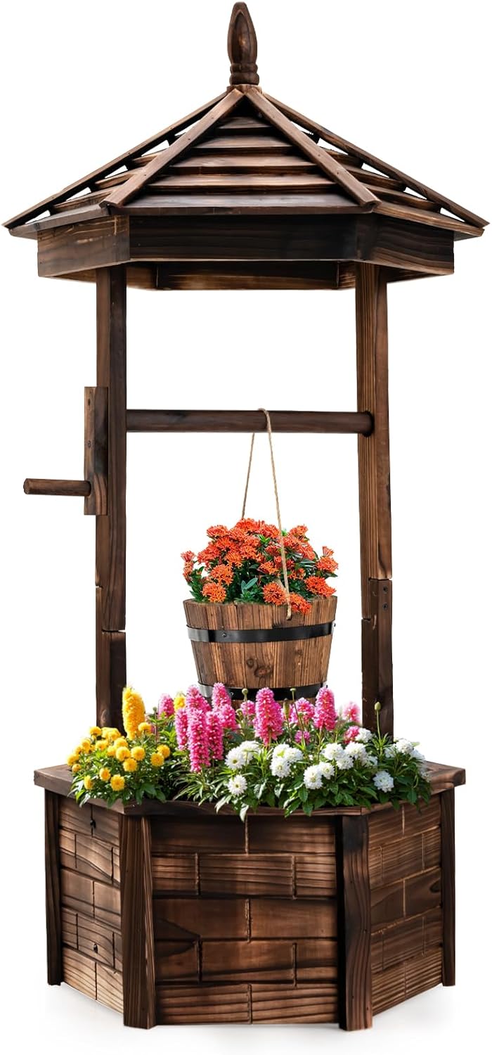 Tangkula Outdoor Wishing Well Planter, Old-Fashioned Wood Wishing Wells for Yard, Rustic Farmhouse Flower Planter Decoration for Garden, Backyard