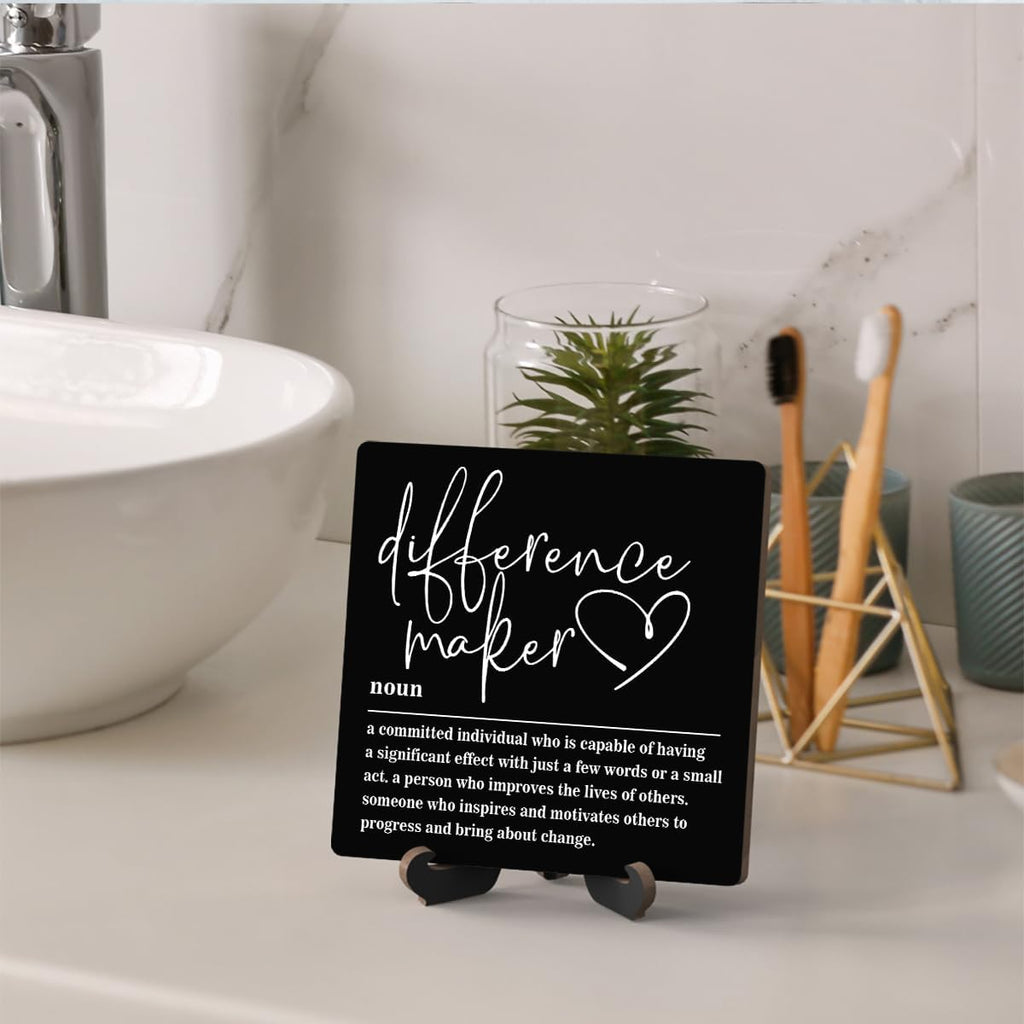 Wooden Table Sign Gift Difference Maker Definition Desk Decor Wood Plaque With Stand Unique Gift Ideas for Boss Women Best Mom Coworker Teacher Office(Black)-A03