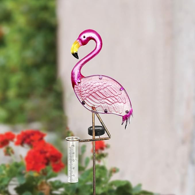 LEWIS&WAYNE 43’’ Solar Flamingo Rain Gauge Outdoor Decorative Metal Stake LED Lights with Glass Tube Solar Pathway Lights for Garden, Yard, Patio, Lawn Decor
