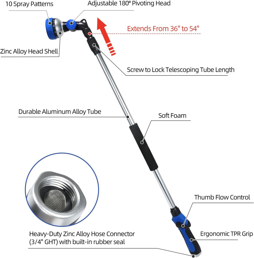 Telescoping Watering Wand for Garden Hose, 36”-54” Adjustable, 10 Spray Patterns, Heavy-Duty Hose Nozzle with Thumb Control & Pivoting Head, Ideal for Hanging Baskets and Shrubs, Blue