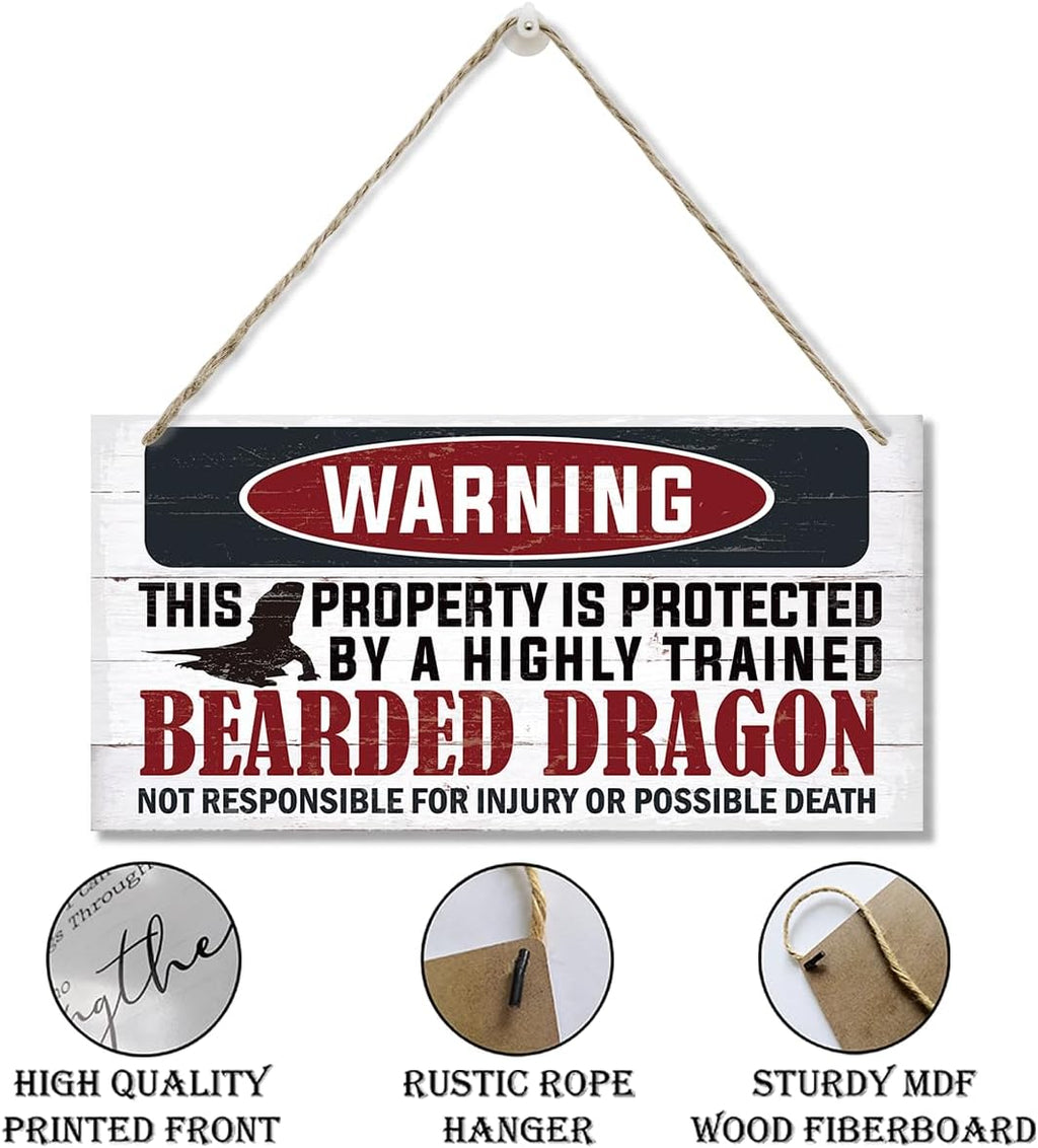 Funny Warning Signs, The Property is Protected By Highly Trained Bearded Dragon Sign, Decorative Wood Hanging Wood Plaque, Warning Wood Sign for Indoor Outdoor Use, Door Gate Hanger, House Decor