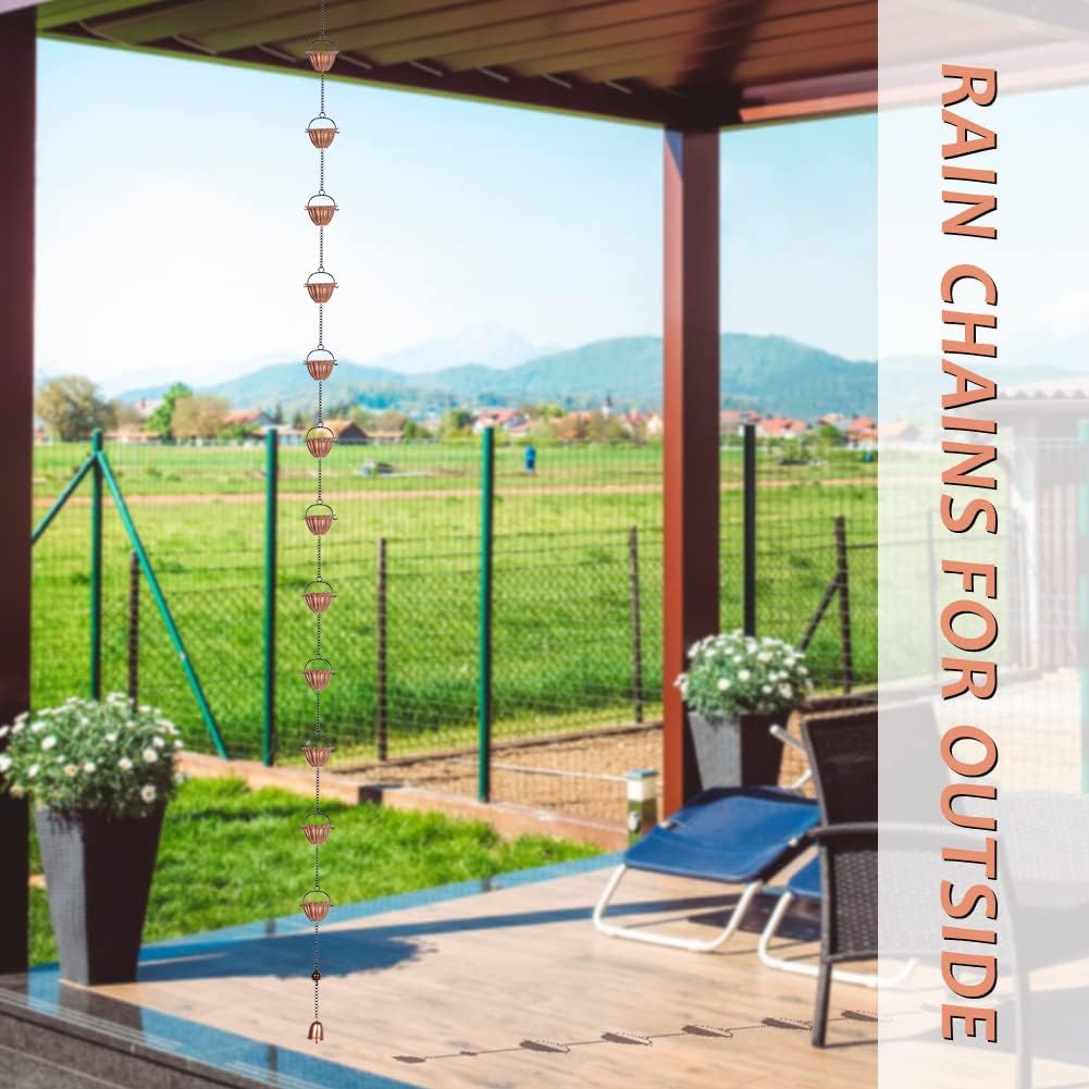 9 Ft Rain Chain, Thick Metal Rain Gutter Chains with 12 Gold Flower Cups, Adjustable Rain Catcher Chain for Eaves Drainage, Replacement for Downspout, Outdoor Decor