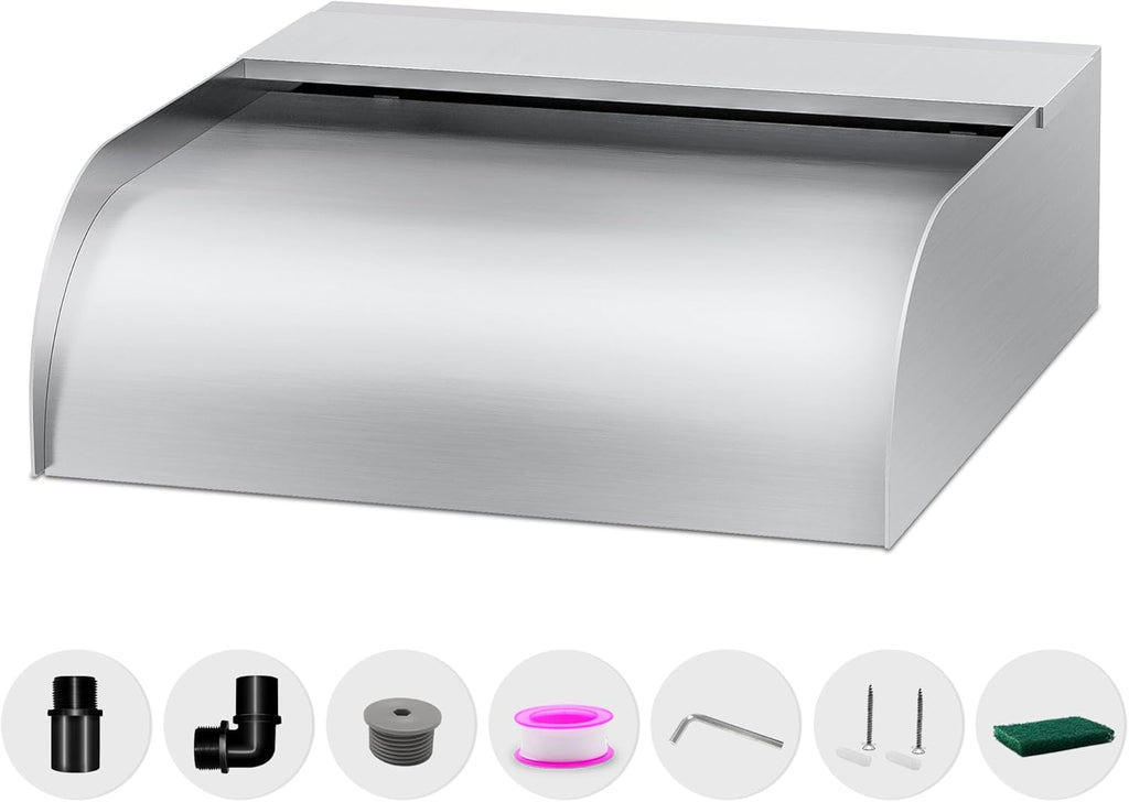 Pool Fountain Waterfall Spillway with Wider Water Flow Platform, Stainless Steel Waterfall with Pipe Connector Kits, Water Feature Spillway for Garden Decor, Patio, Ponds, 11.8"x11.8"x3.9