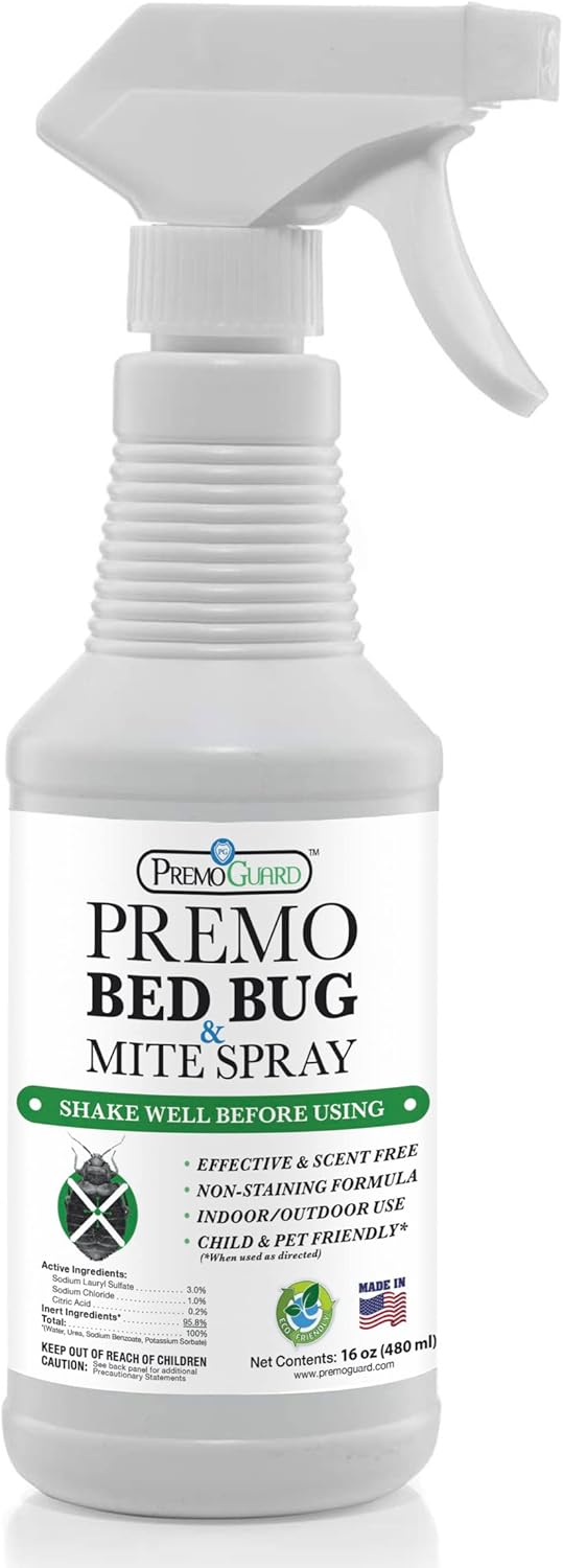 Premo Guard Bed Bug Killer Spray 16 oz - University Tested 100% Kill Rate - Natural Non Toxic, Stain & Scent Free - Kill Bedbugs & Mites On Bed & Blankets, Furniture, Clothing - Child & Pet Safe