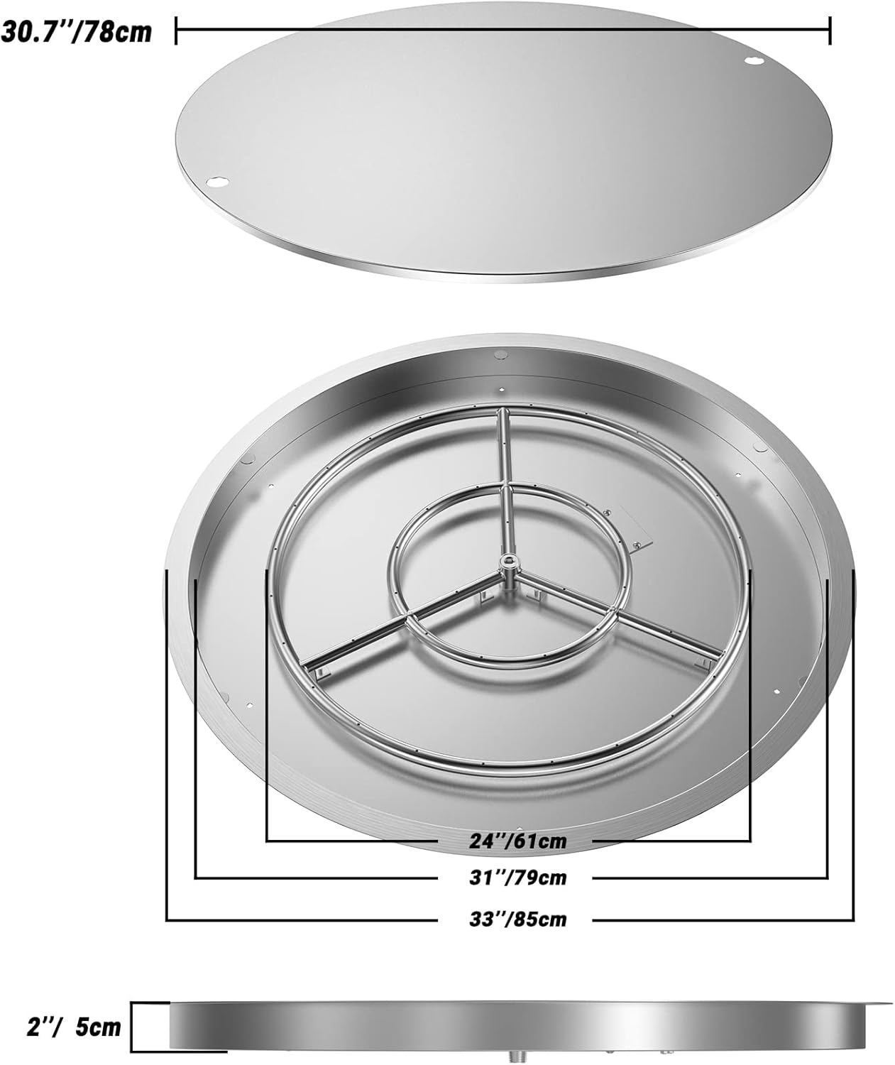 Skyflame 31" x 31" Round Stainless Steel DIY Drop-in Firepit System Assembly Set, Including Fire Pit Pan Fire Bowl with Burner Ring and Protective Cover
