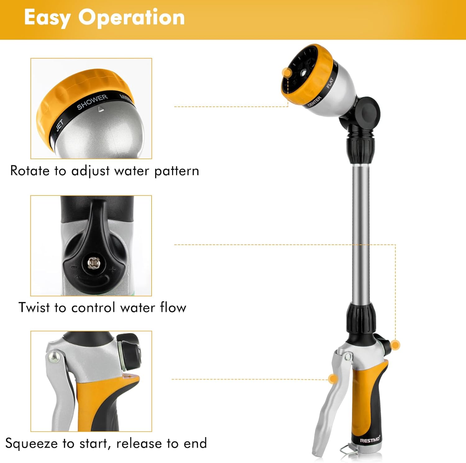 RESTMO Metal Watering Wand, Heavy Duty Garden Hose Wand with 180° Swivel Ratcheting Head, 16'' Hose Nozzle Sprayer with 7 Spray Patterns and Flow Control, for Water Hanging Baskets and Shrubs, Yellow