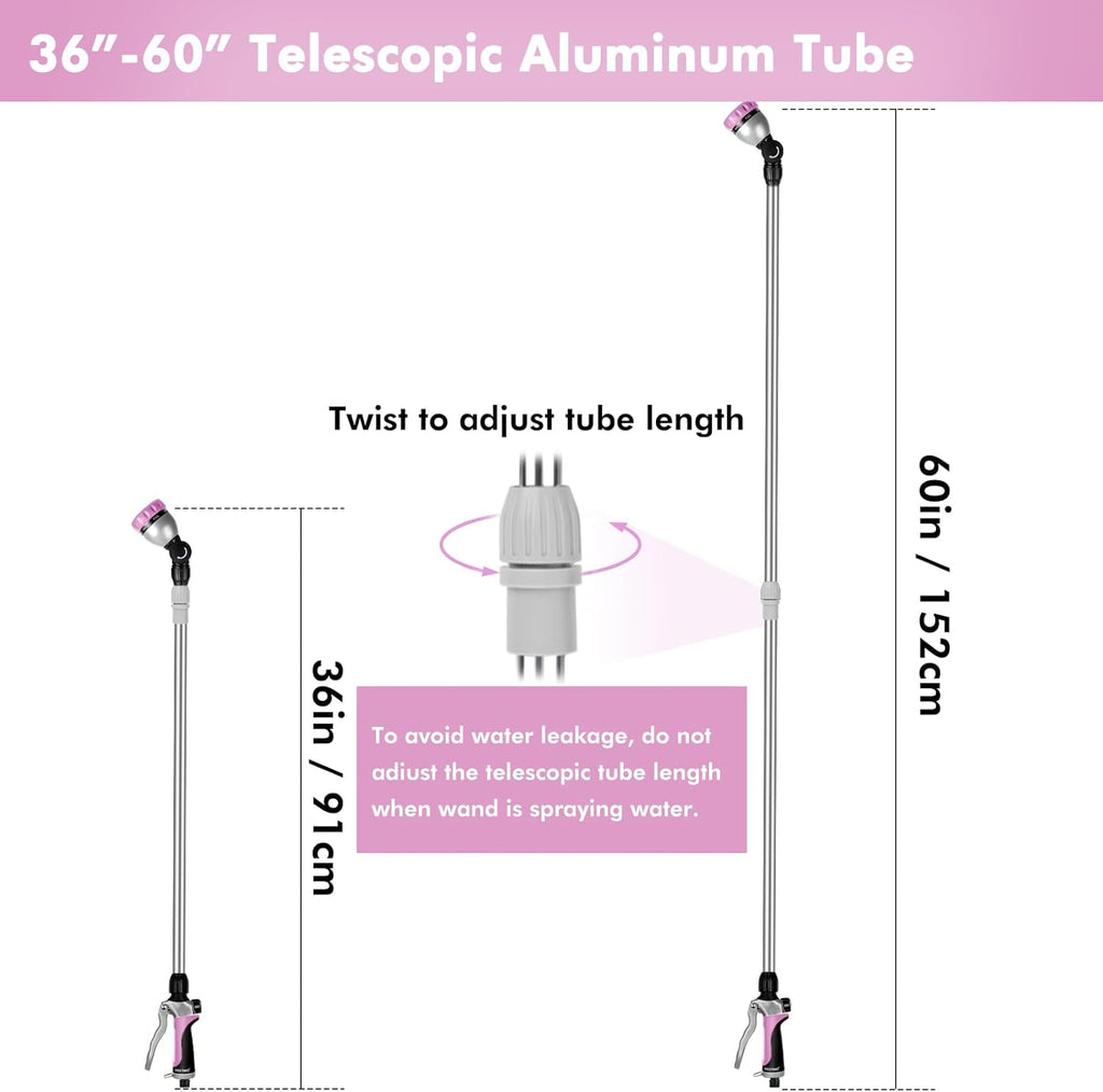 RESTMO 36”-60” Metal Watering Wand, Long Telescopic Tube | 180° Adjustable Ratcheting Head | 7 Spray Patterns | Flow Control, Garden Hose Sprayer to Water Hanging Baskets, Shrubs, Pink